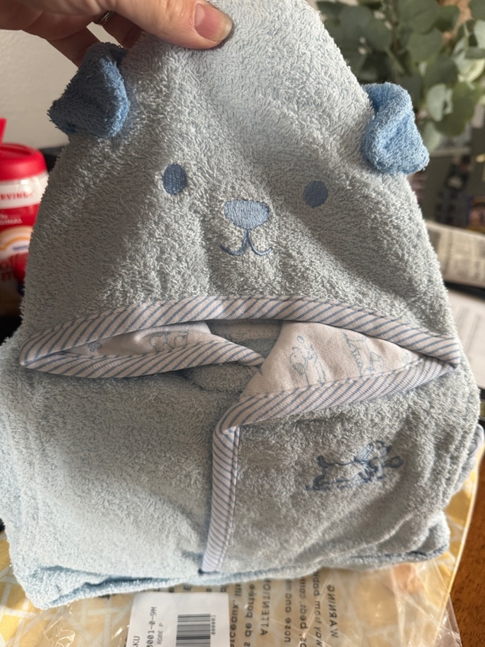 Little Me Light Blue Hooded Baby Robe with Striped Trim NWT